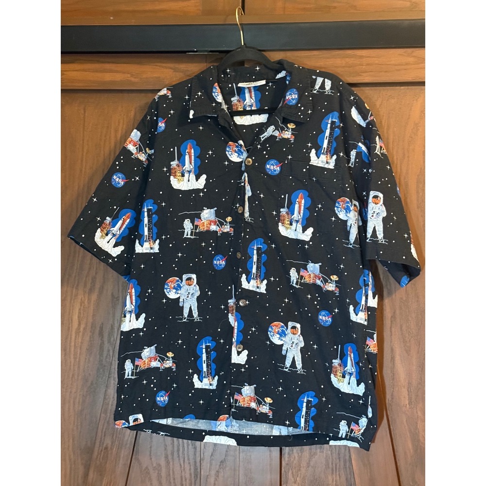 Vintage Y2K Kennedy Space Center NASA Men's Black Button Down Sz 2XL Trendy